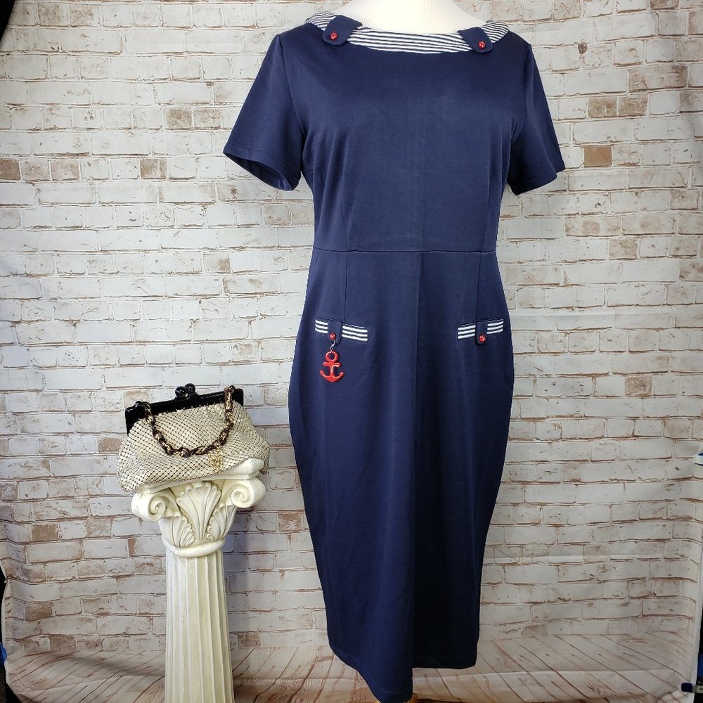 Tatyana Blue and White Sheath Dress with Sailor Collar